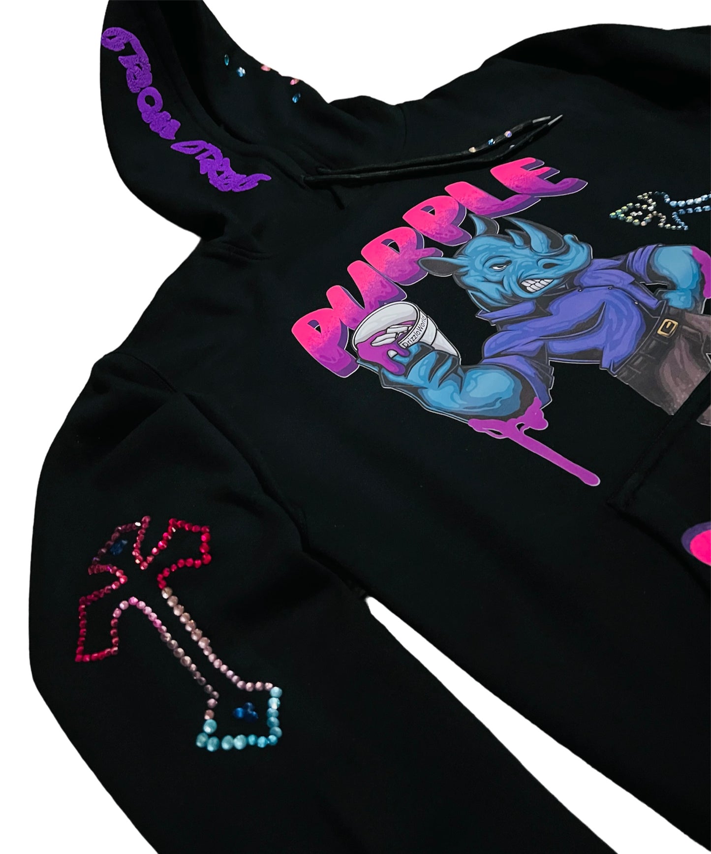Purple y2k Rhinestone Syrup Fleece Hoodie-BLK