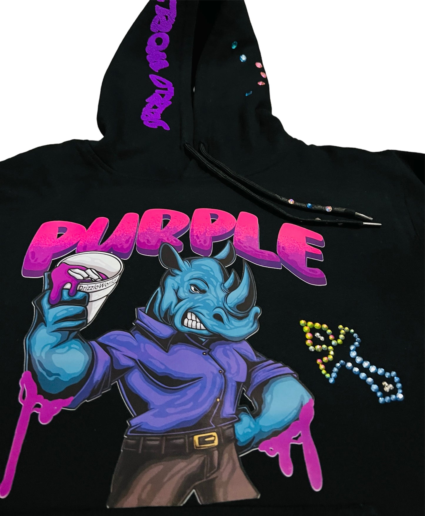 Purple y2k Rhinestone Syrup Fleece Hoodie-BLK