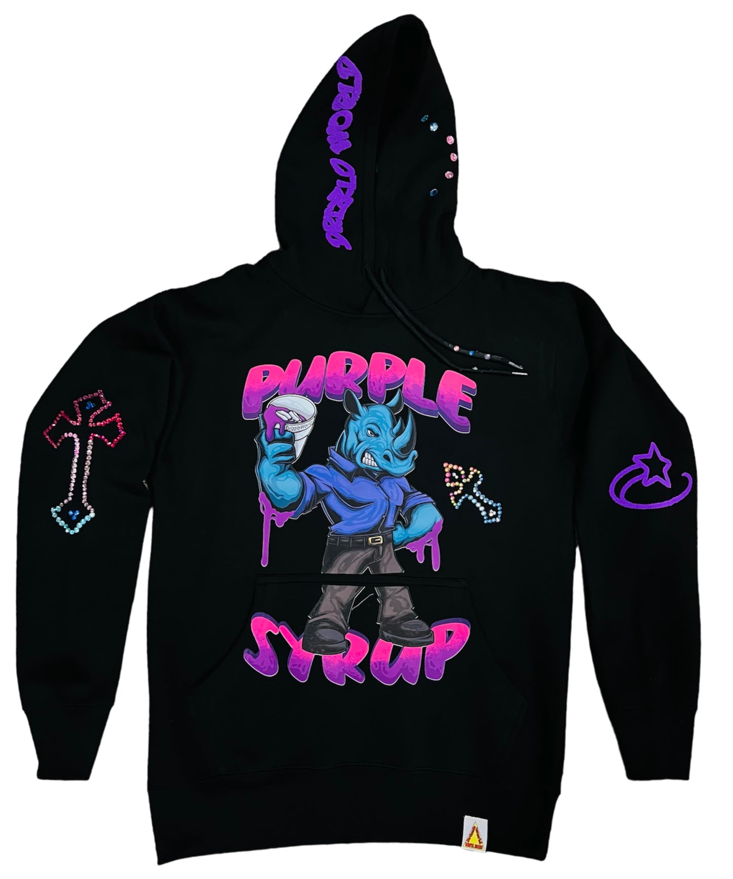 Purple y2k Rhinestone Syrup Fleece Hoodie-BLK