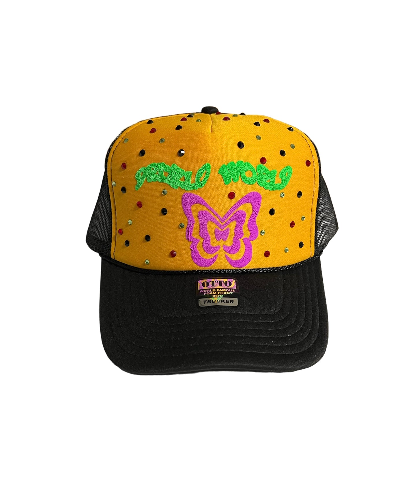 Butterfly Effect Y2K Rhinestone Trucker Hat-GLD/BLK