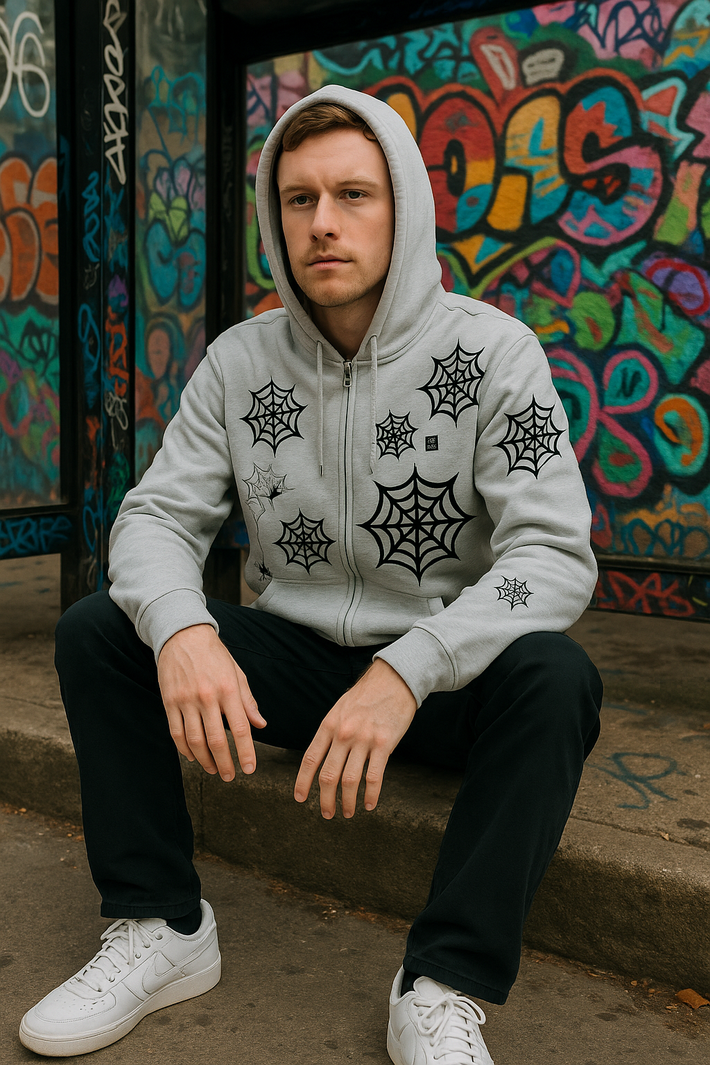 Y2K Black Widow Jacket (Grey) – Spiderweb Zip-Up Hoodie by DrizzloWorld