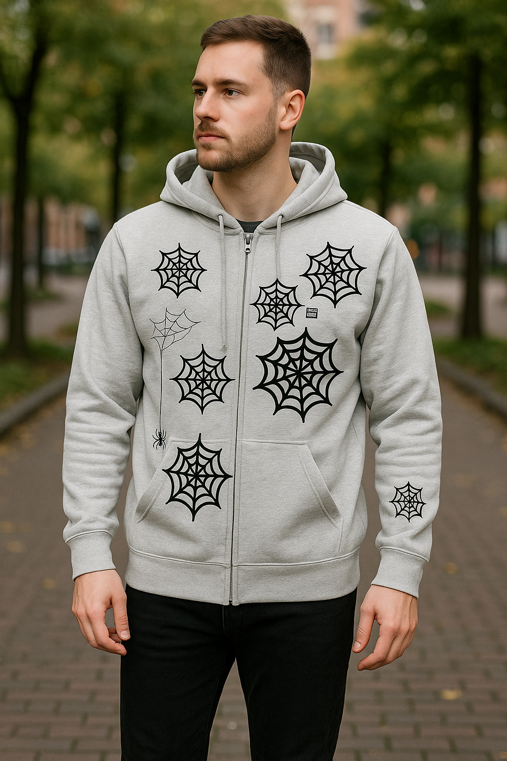 Y2K Black Widow Jacket (Grey) – Spiderweb Zip-Up Hoodie by DrizzloWorld