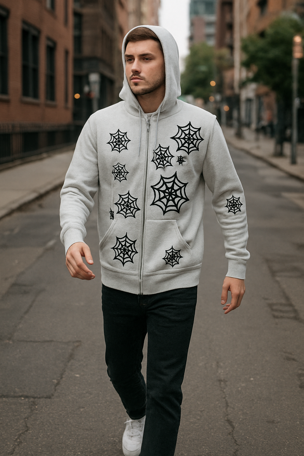 Y2K Black Widow Jacket (Grey) – Spiderweb Zip-Up Hoodie by DrizzloWorld