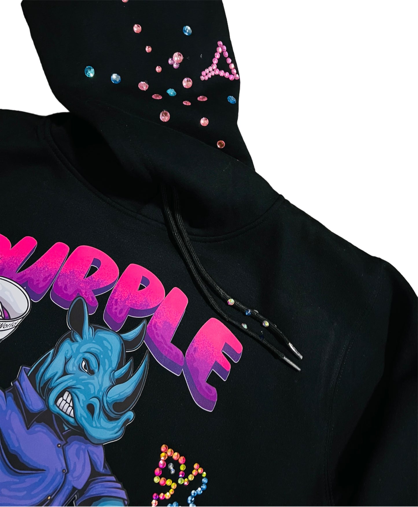 Purple y2k Rhinestone Syrup Fleece Hoodie-BLK