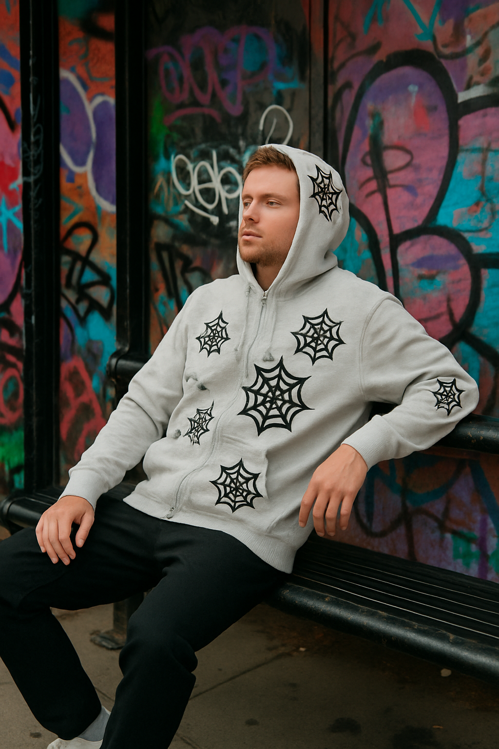 Y2K Black Widow Jacket (Grey) – Spiderweb Zip-Up Hoodie by DrizzloWorld