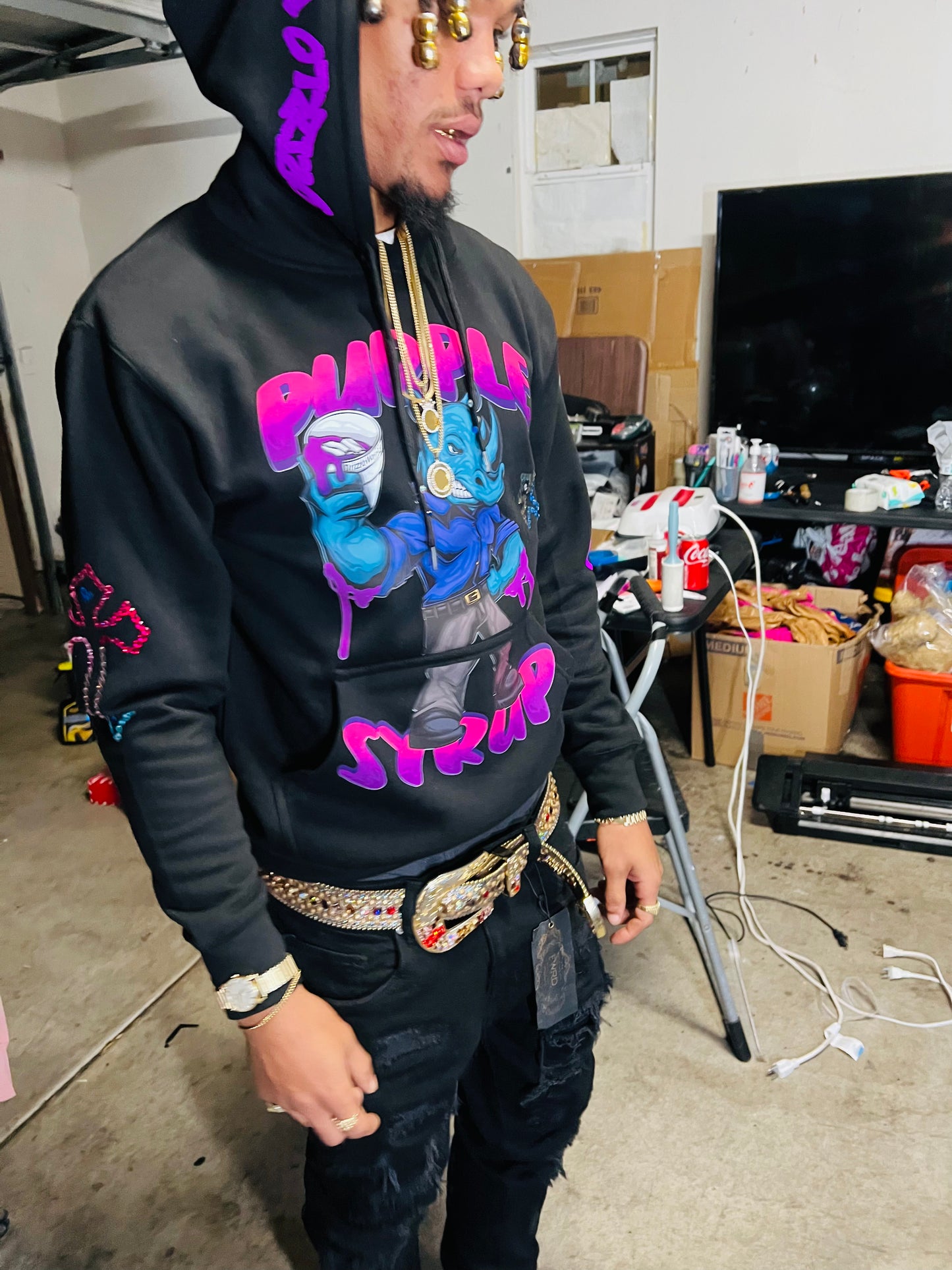 Purple y2k Rhinestone Syrup Fleece Hoodie-BLK