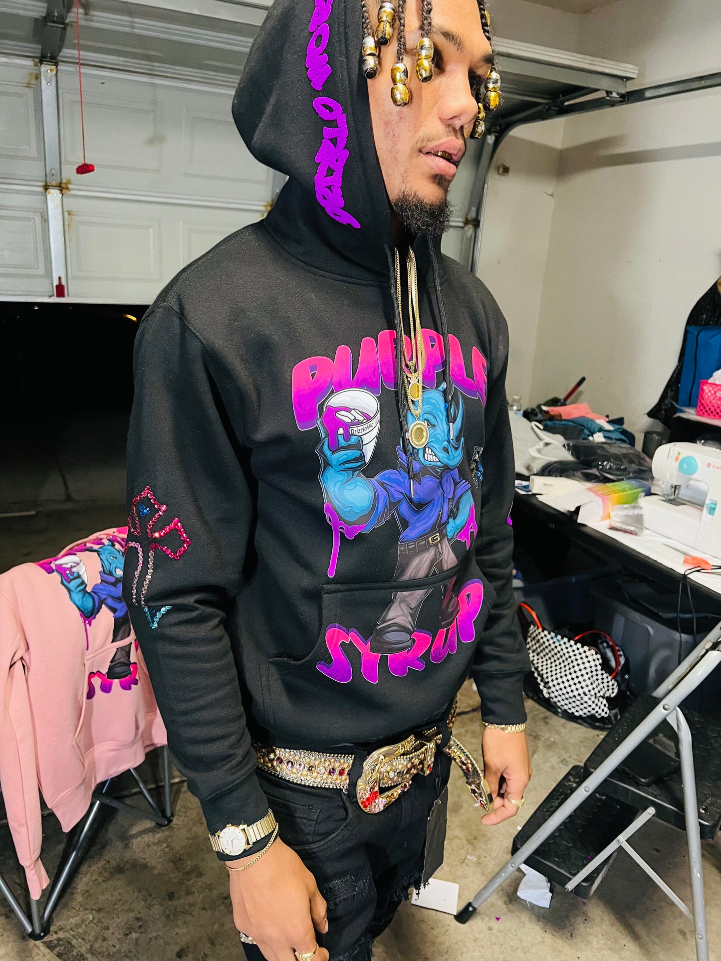 Purple y2k Rhinestone Syrup Fleece Hoodie-BLK