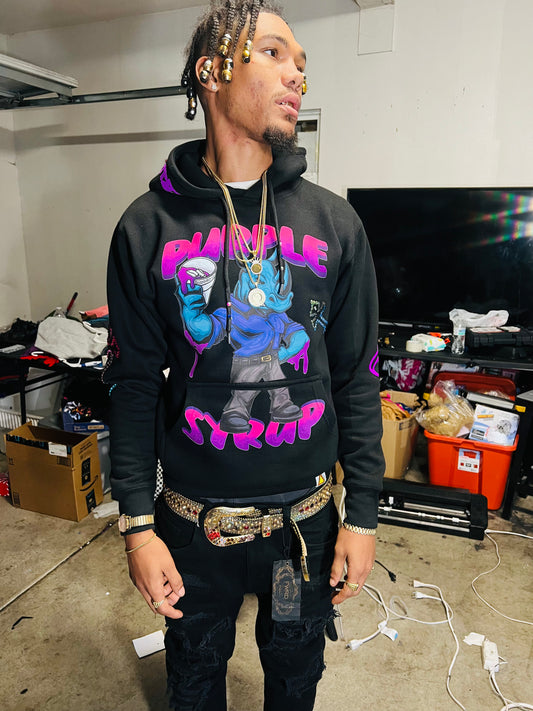 Purple y2k Rhinestone Syrup Fleece Hoodie-BLK