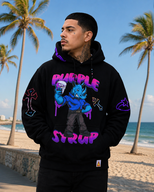 Purple Y2K Rhinestone Syrup Fleece Hoodie – Black | Drizzlo World Streetwear